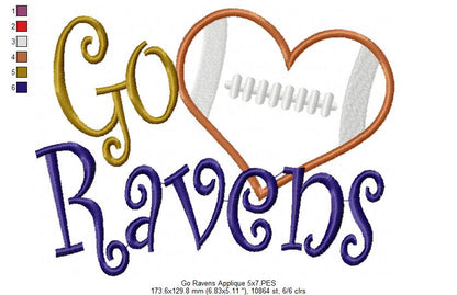 Go Ravens Football Heart – Appliqué – Machine Embroidery Design