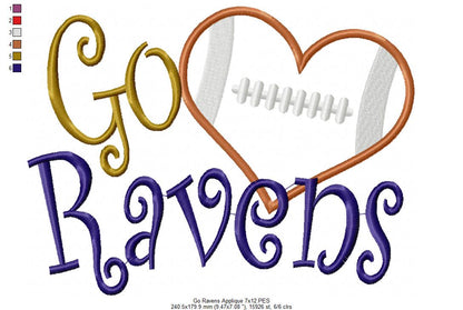 Go Ravens Football Heart – Appliqué – Machine Embroidery Design