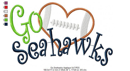 Go Seahawks Football Heart – Appliqué – Machine Embroidery Design