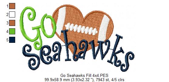 Go Seahawks Football Heart – Fill Stitch – Machine Embroidery Design