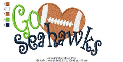 Go Seahawks Football Heart – Fill Stitch – Machine Embroidery Design