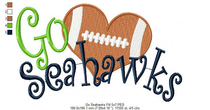 Go Seahawks Football Heart – Fill Stitch – Machine Embroidery Design