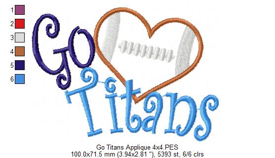 Go Titans Football Heart – Appliqué – Machine Embroidery Design