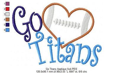 Go Titans Football Heart – Appliqué – Machine Embroidery Design