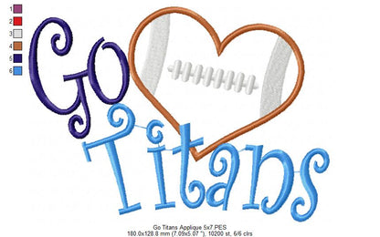 Go Titans Football Heart – Appliqué – Machine Embroidery Design