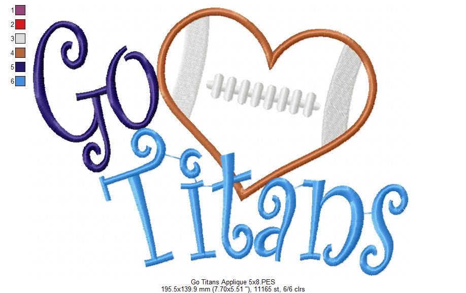 Go Titans Football Heart – Appliqué – Machine Embroidery Design