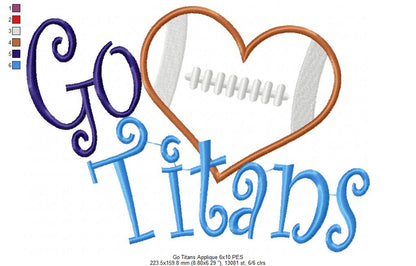 Go Titans Football Heart – Appliqué – Machine Embroidery Design