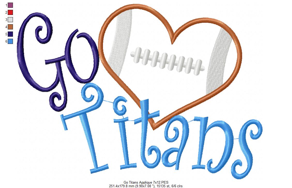 Go Titans Football Heart – Appliqué – Machine Embroidery Design
