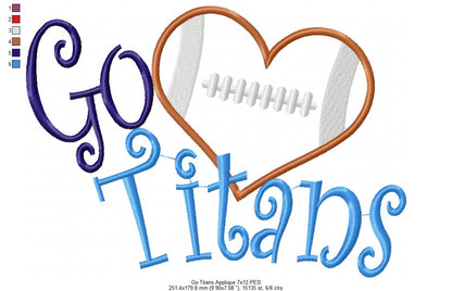 Go Titans Football Heart – Appliqué – Machine Embroidery Design