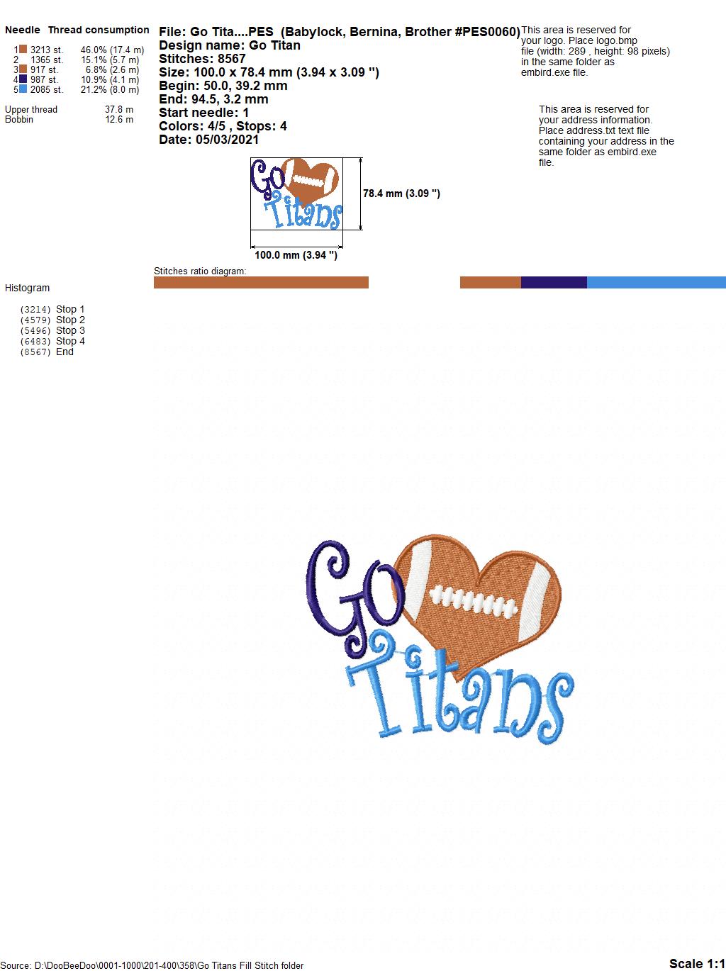 Go Titans Football Heart – Fill Stitch – Machine Embroidery Design
