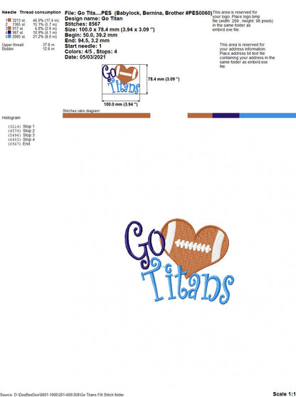 Go Titans Football Heart – Fill Stitch – Machine Embroidery Design
