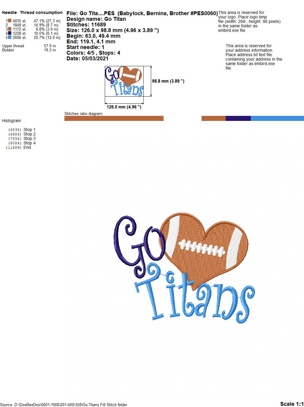 Go Titans Football Heart – Fill Stitch – Machine Embroidery Design