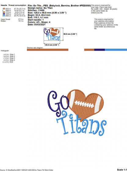 Go Titans Football Heart – Fill Stitch – Machine Embroidery Design