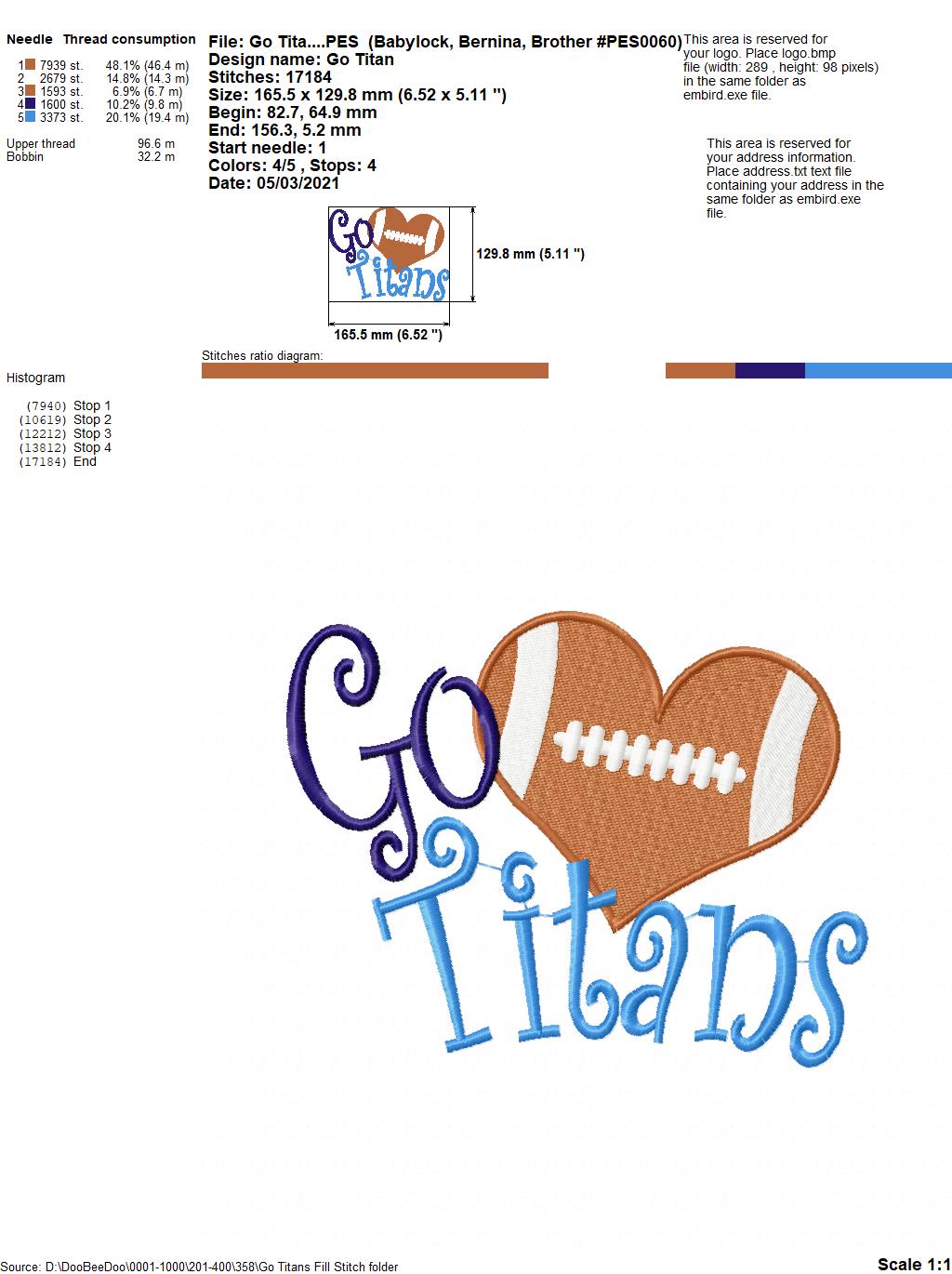 Go Titans Football Heart – Fill Stitch – Machine Embroidery Design