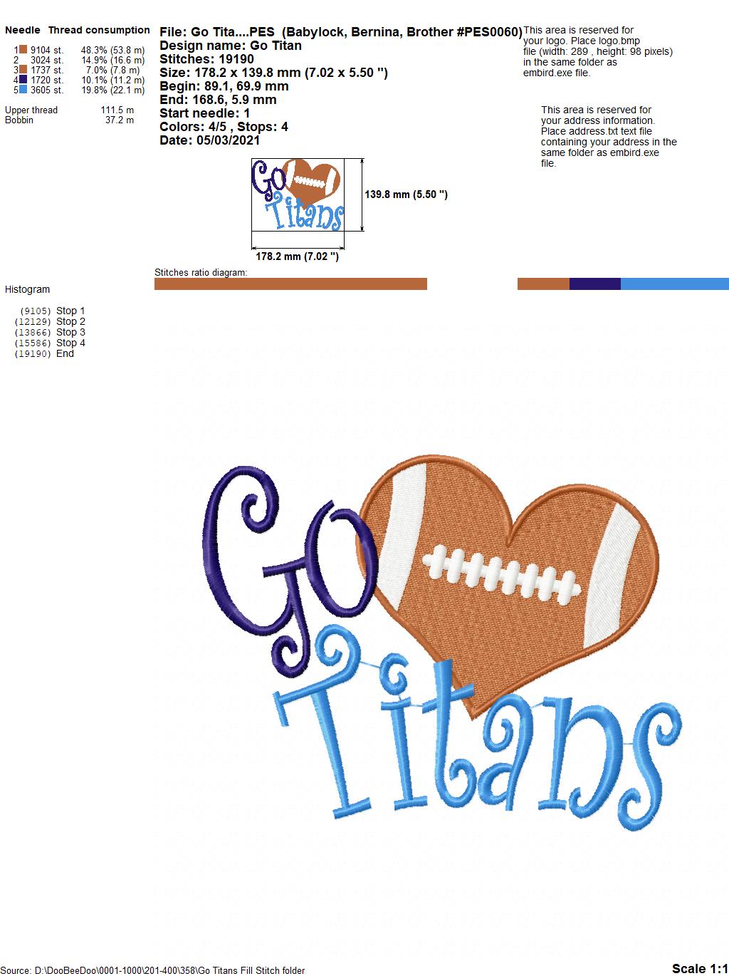 Go Titans Football Heart – Fill Stitch – Machine Embroidery Design
