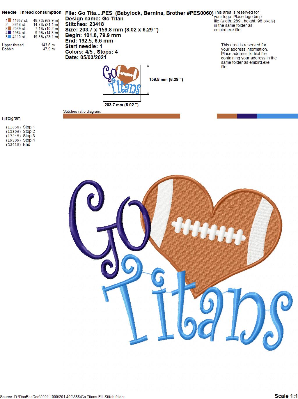 Go Titans Football Heart – Fill Stitch – Machine Embroidery Design