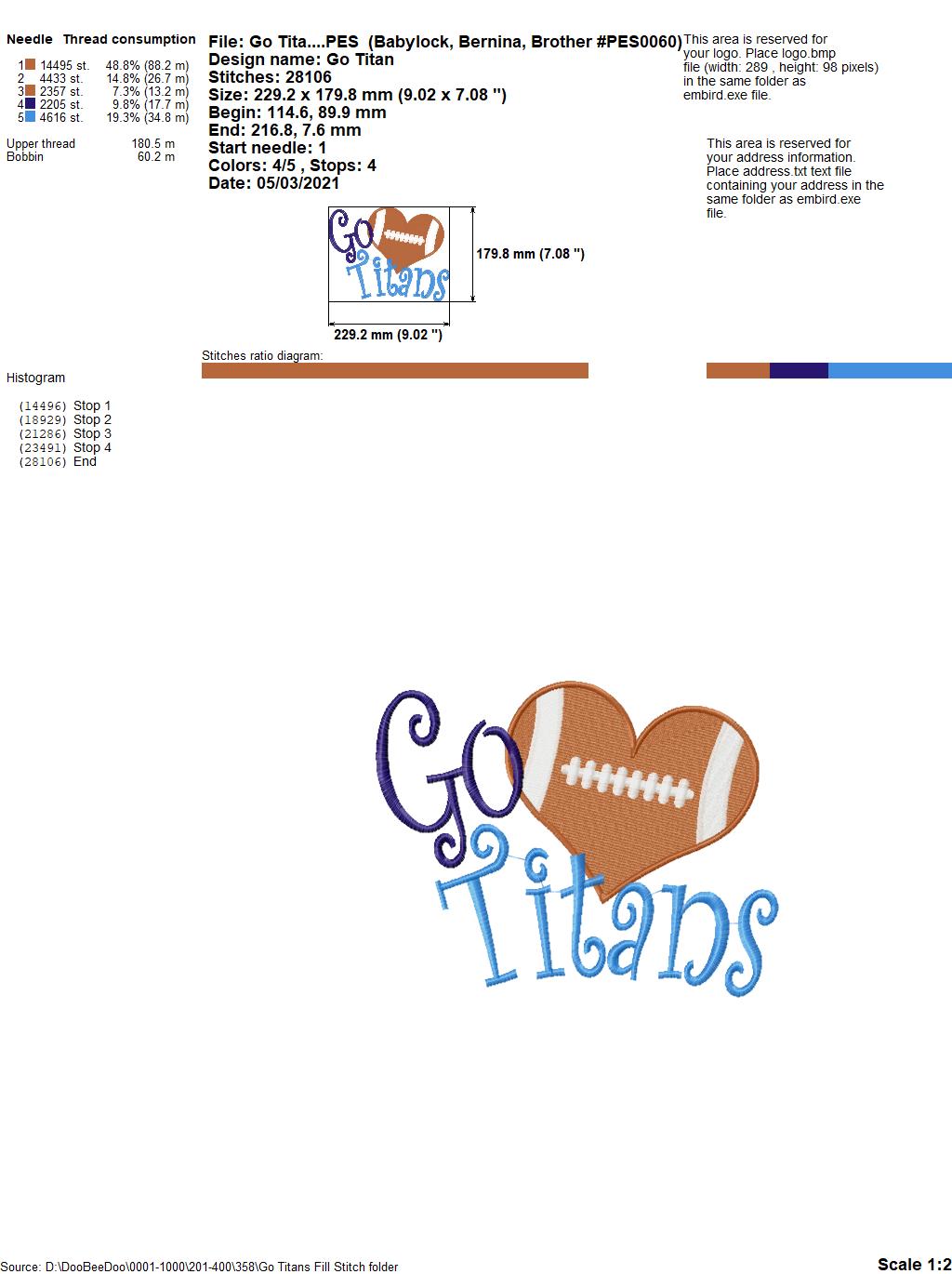 Go Titans Football Heart – Fill Stitch – Machine Embroidery Design