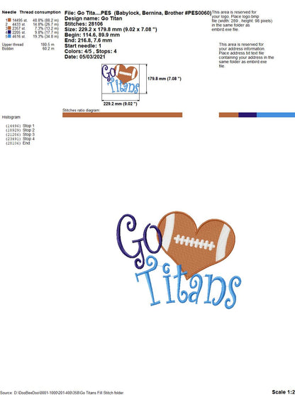 Go Titans Football Heart – Fill Stitch – Machine Embroidery Design