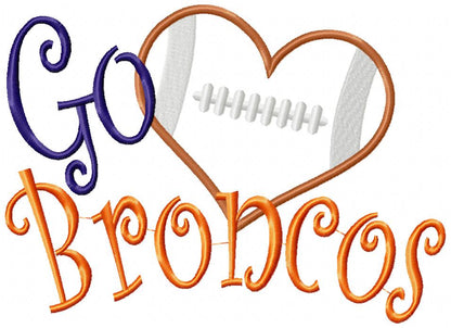 Go Broncos Football Heart – Appliqué – Machine Embroidery Design