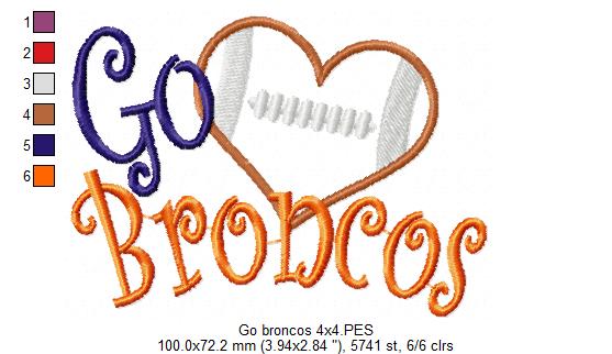 Go Broncos Football Heart – Appliqué – Machine Embroidery Design