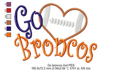 Go Broncos Football Heart – Appliqué – Machine Embroidery Design