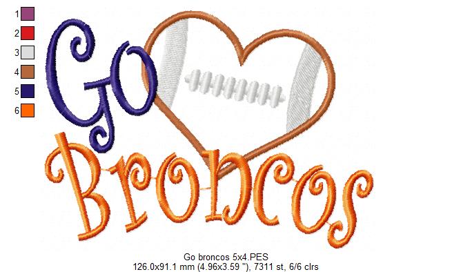Go Broncos Football Heart – Appliqué – Machine Embroidery Design