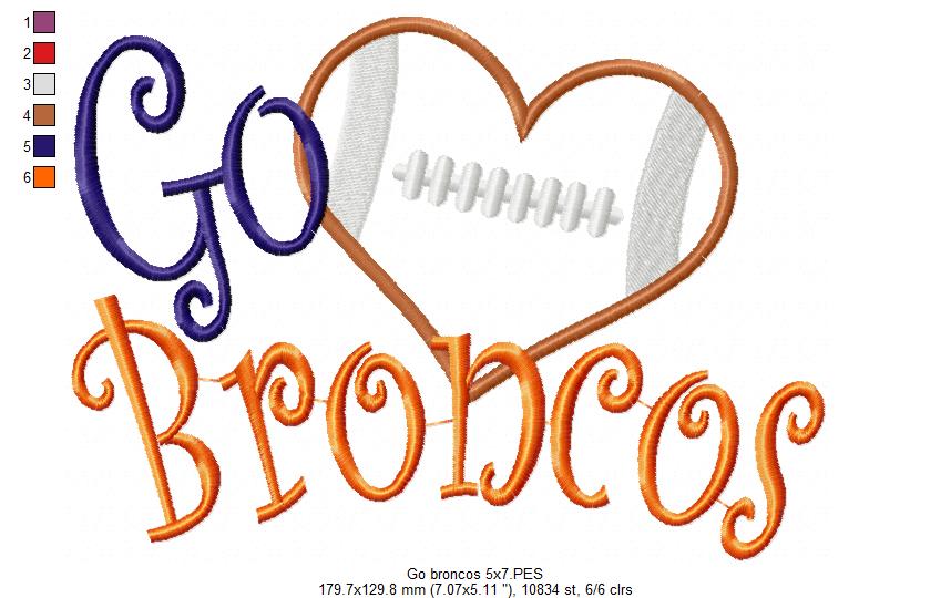 Go Broncos Football Heart – Appliqué – Machine Embroidery Design