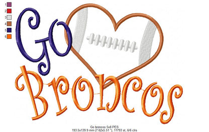 Go Broncos Football Heart – Appliqué – Machine Embroidery Design