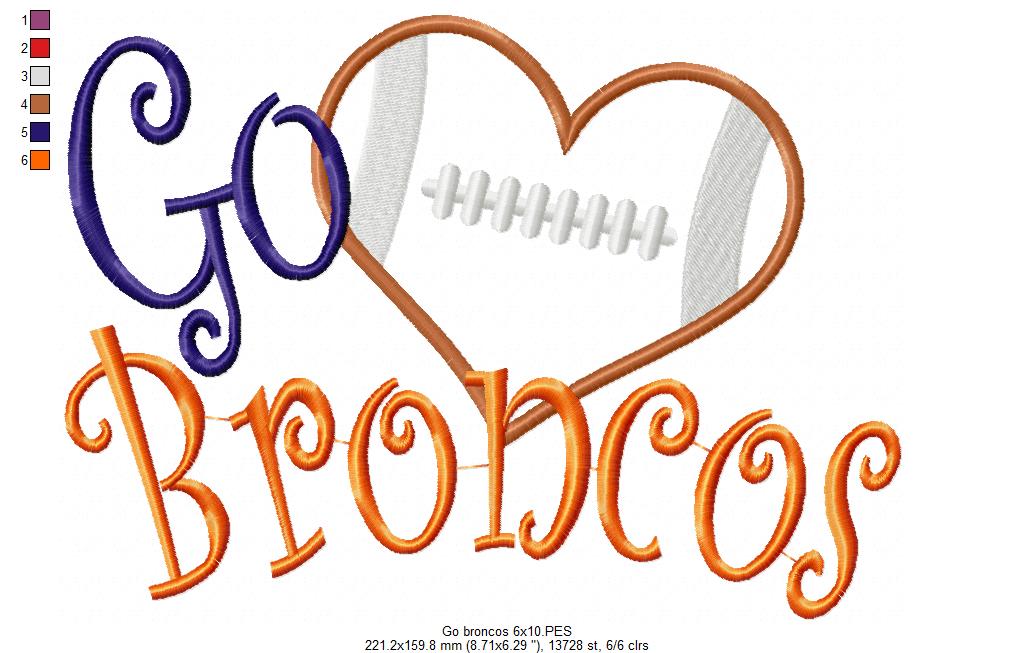 Go Broncos Football Heart – Appliqué – Machine Embroidery Design