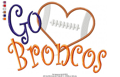 Go Broncos Football Heart – Appliqué – Machine Embroidery Design