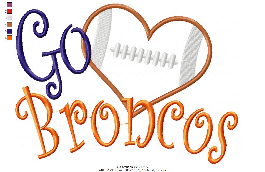 Go Broncos Football Heart – Appliqué – Machine Embroidery Design