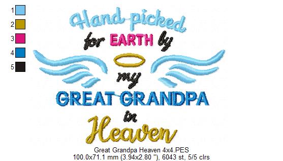 Hand Picked for Earth by My Great Grandpa in Heaven – Satin Stitch – Machine Embroidery Design
