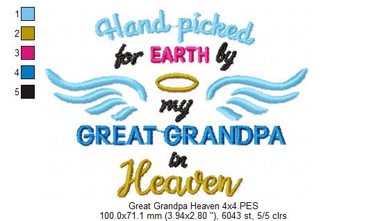 Hand Picked for Earth by my Great Grandpa in Heaven - Fill Stitch Embroidery