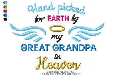 Hand Picked for Earth by My Great Grandpa in Heaven – Satin Stitch – Machine Embroidery Design