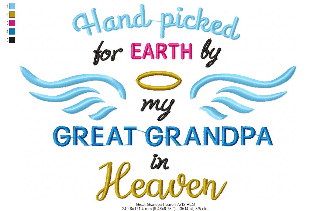 Hand Picked for Earth by My Great Grandpa in Heaven – Satin Stitch – Machine Embroidery Design