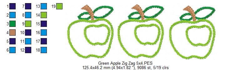 Three Green Apples Zigzag Appliqué Embroidery Design – School & Teacher Theme