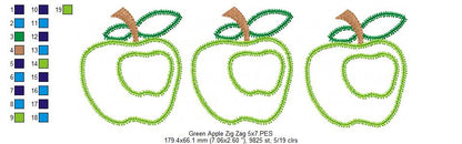 Three Green Apples Zigzag Appliqué Embroidery Design – School & Teacher Theme