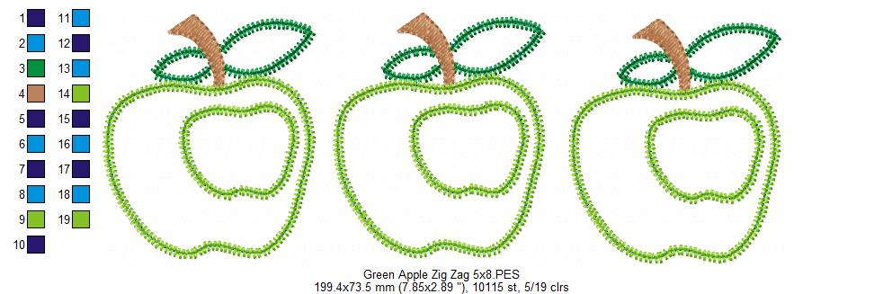 Three Green Apples Zigzag Appliqué Embroidery Design – School & Teacher Theme