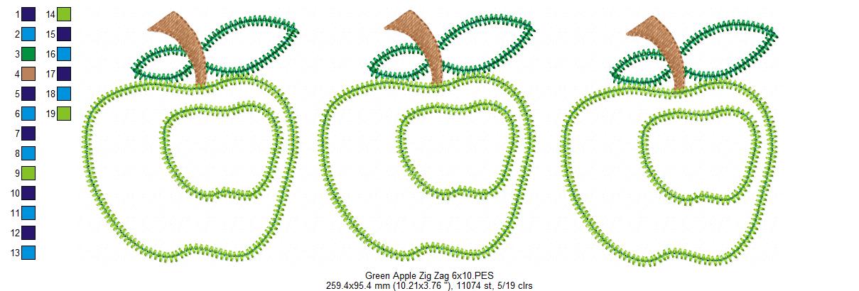 Three Green Apples Zigzag Appliqué Embroidery Design – School & Teacher Theme