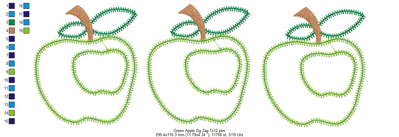 Three Green Apples Zigzag Appliqué Embroidery Design – School & Teacher Theme