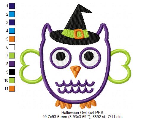 Owl with Witch Hat - Applique - 4x4 5x5 6x6 7x7