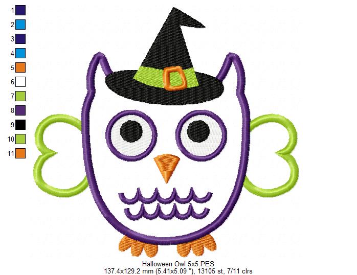 Owl with Witch Hat - Applique - 4x4 5x5 6x6 7x7