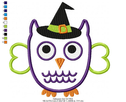 Owl with Witch Hat - Applique - 4x4 5x5 6x6 7x7