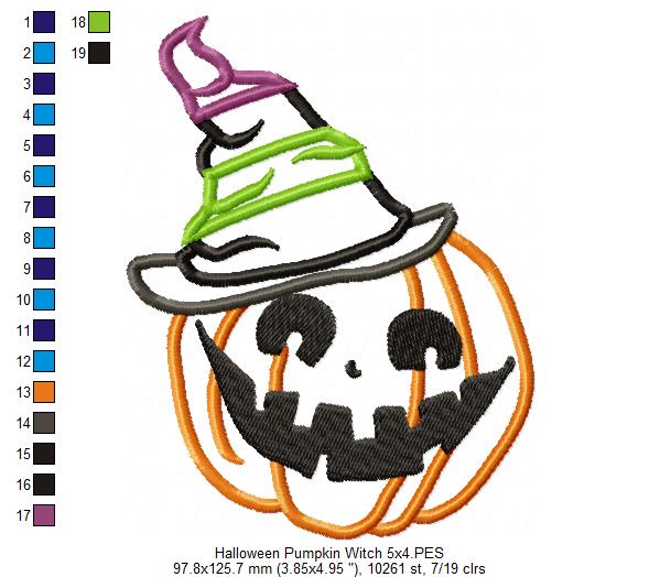 Halloween Witch Pumpkin - Applique - Machine Embroidery Design