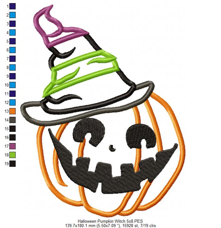 Halloween Witch Pumpkin - Applique - Machine Embroidery Design