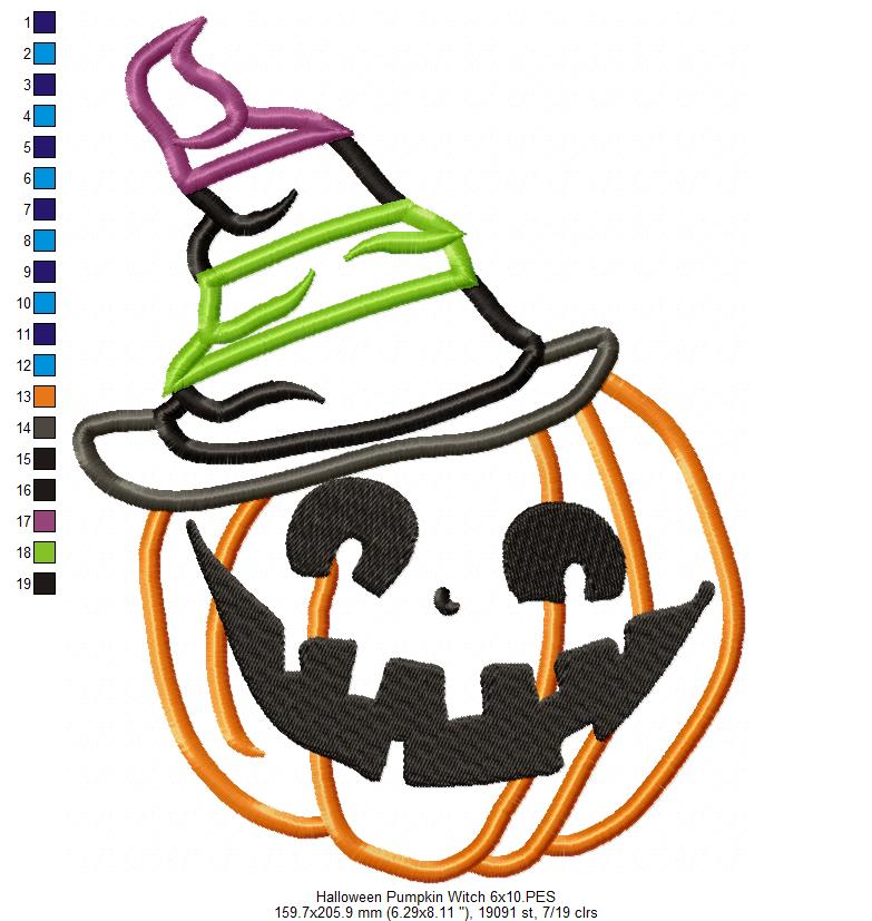 Halloween Witch Pumpkin - Applique - Machine Embroidery Design