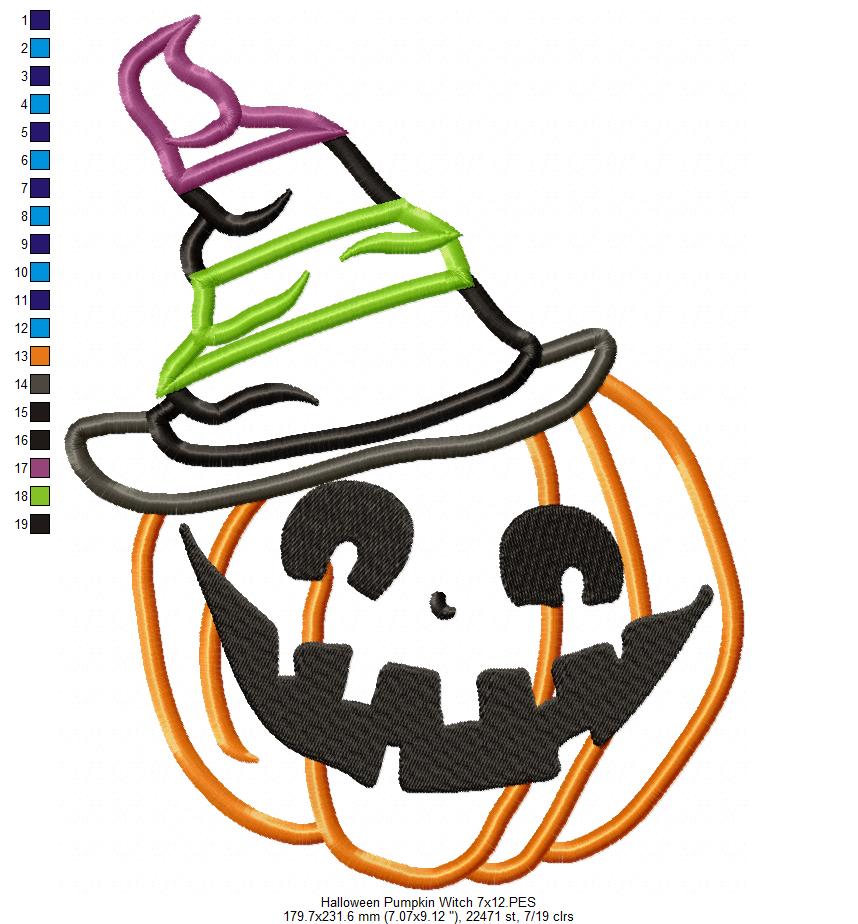 Halloween Witch Pumpkin - Applique - Machine Embroidery Design