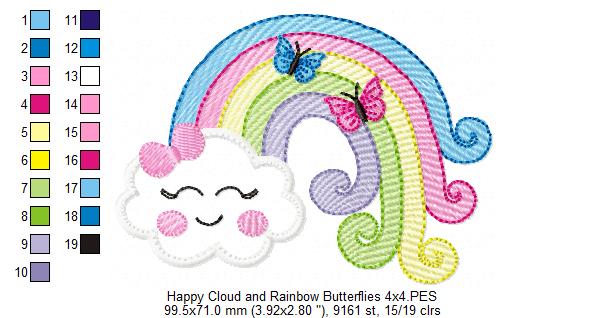 Happy Cloud, Rainbow and Butterflies - Applique Embroidery