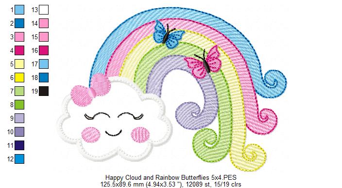 Happy Cloud, Rainbow and Butterflies - Applique Embroidery