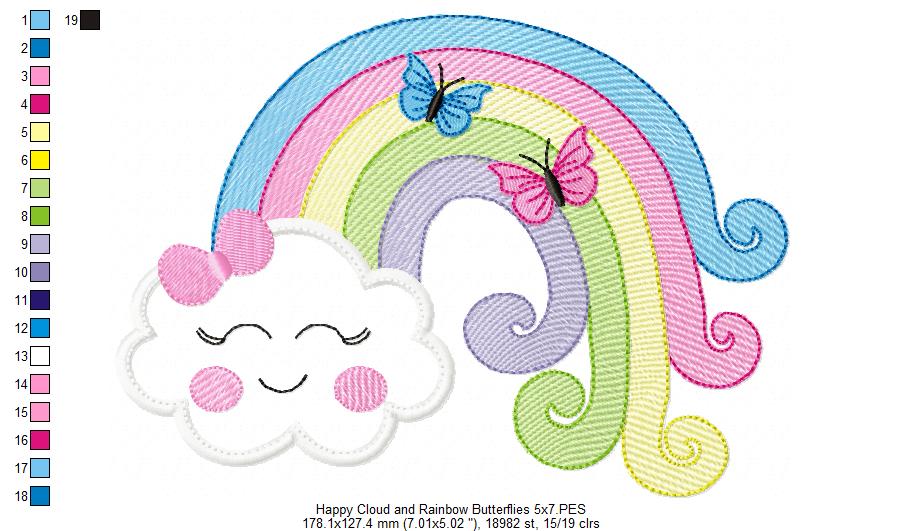 Happy Cloud, Rainbow and Butterflies - Applique Embroidery